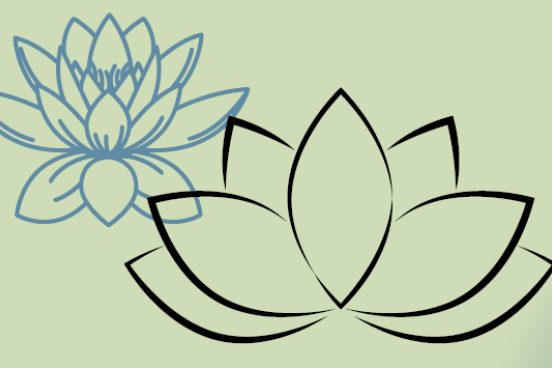 Line drawing of two lotus flowers on a green background
