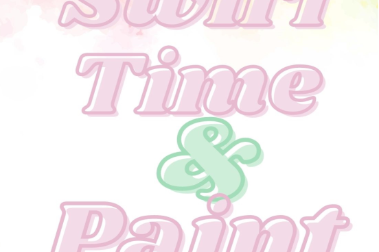 "Swirl Time & Paint" in pink text on a rainbow sherbet background