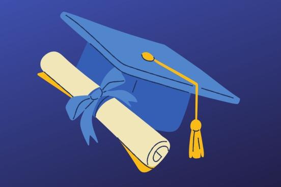 Drawing of a blue mortarboard with a diploma and a blue background 